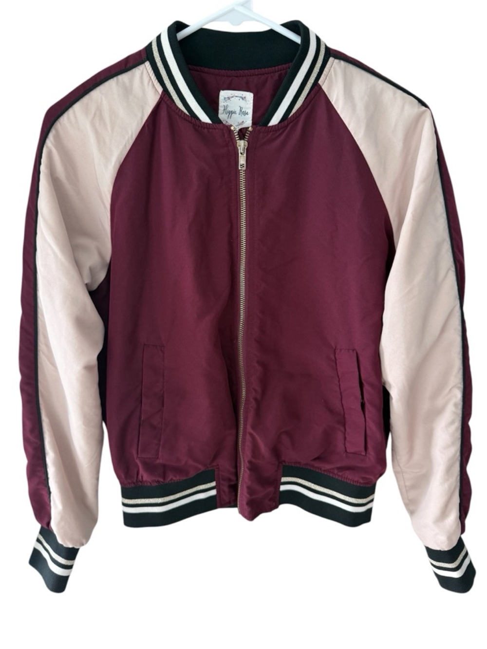 Hippie Rose Burgundy & Cream Bomber Jacket Zip Up Women’s Size S